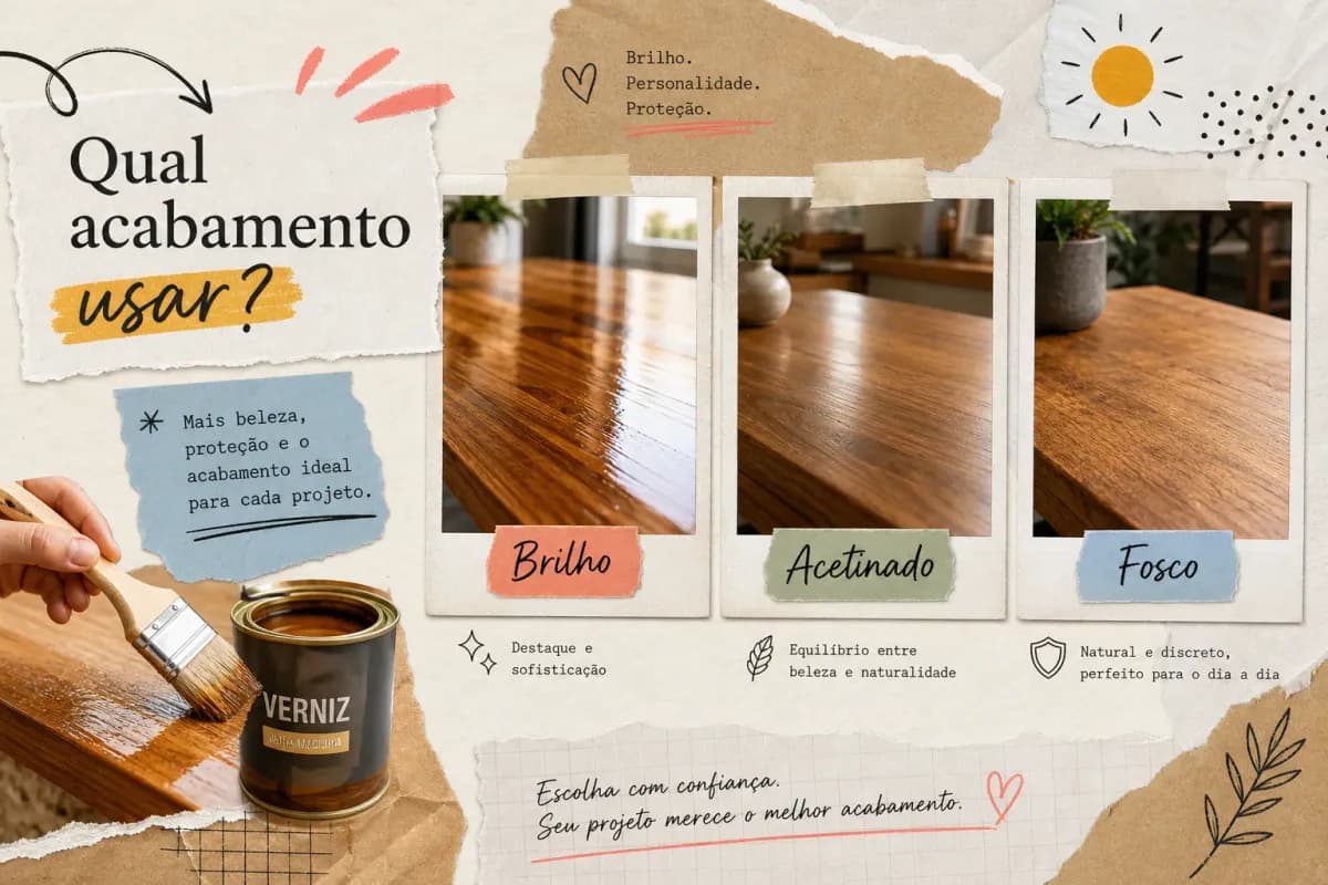 Verniz para madeira: comparar brilho, acetinado e fosco e quando usar cada acabamento