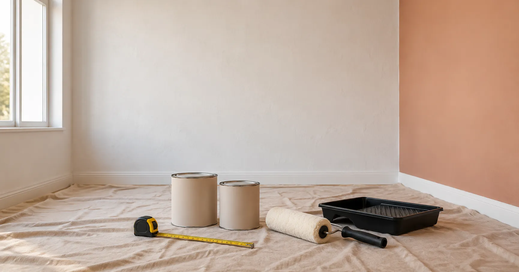Sala em preparo para pintura, com latas de tinta, trena e rolo sobre a lona