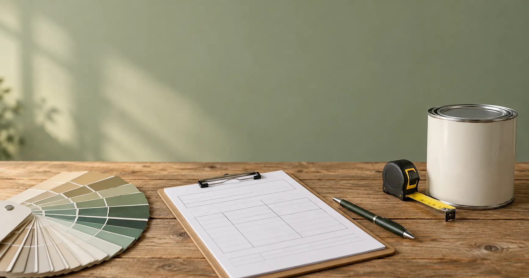 Mesa com folha de orçamento, trena e amostras de cor para pintura